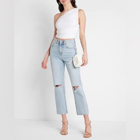 High Waisted Light Wash Ripped Straight Ankle Jeans - Picture 1 of 5